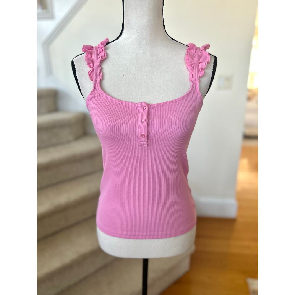 J.Crew Bubblegum Pink Ribbed Ruffle Strap Henley Tank